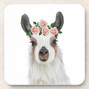 Dessous-de-verre Llama Fluffée Cute Avec Couronne Fleur Rose