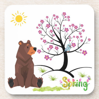 Dessous-de-verre L'ours observe l'arbre en fleurs et l'oiseau