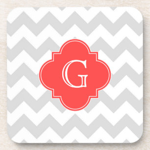 Dessous-de-verre Lt Gray Wht Chevron Coral Red Quatrefoil Monogram