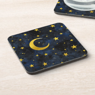 Dessous-de-verre Lune d'or et étoiles sur marbre bleu foncé