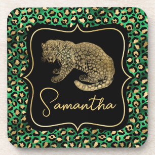Dessous-de-verre Luxueux imprimé léopard vert monogramme animal or