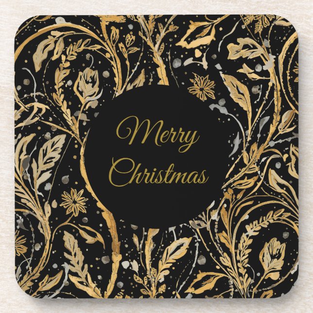 Dessous-de-verre Luxury Black Gold Flowers Pattern, Merry Christmas (Devant)