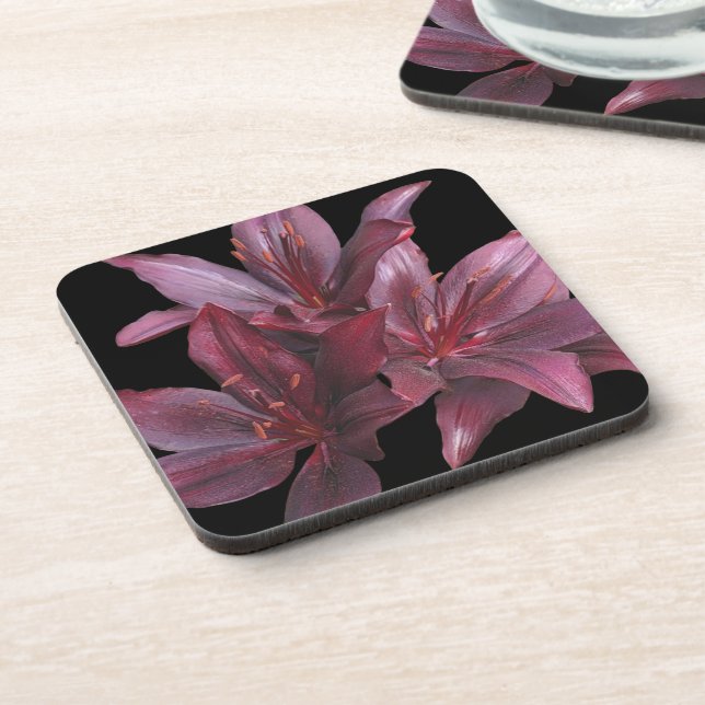 Dessous-de-verre Lys d'Asie rouge foncé sur floral noir (Côté gauche)