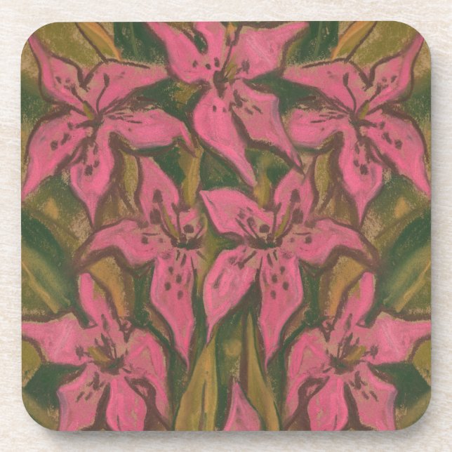 Dessous-de-verre Lys roses, peinture pastel, fleurs, art floral (Devant)