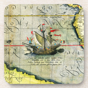 Dessous-de-verre Magellans navire Victoria, Antique Carte Océan Pac