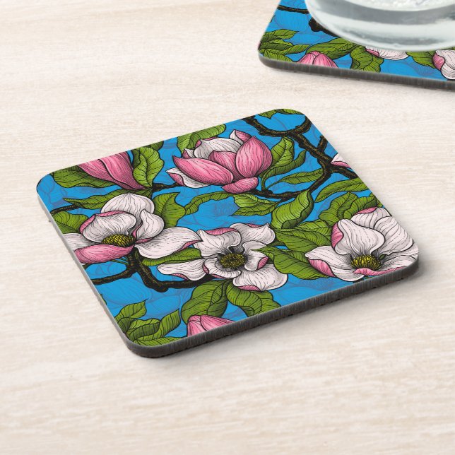 Dessous-de-verre Magnolia en floraison sur bleu (Côté gauche)