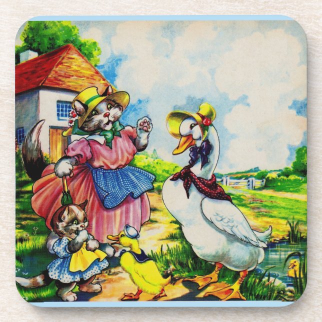 Dessous-de-verre mama kitty cat et baby kitty visit canards dans le (Devant)