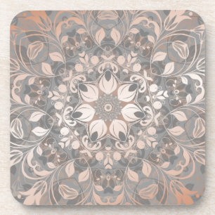 Dessous-de-verre Mandala floral gris et or rose