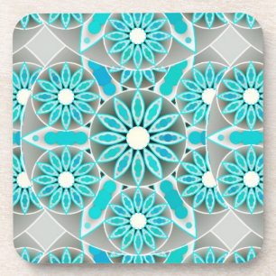 Dessous-de-verre Mandala motif, turquoise, gris argenté et blanc