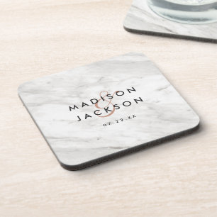Dessous-de-verre Marbre blanc & Rose Gold Moderne Mariage Monogramm