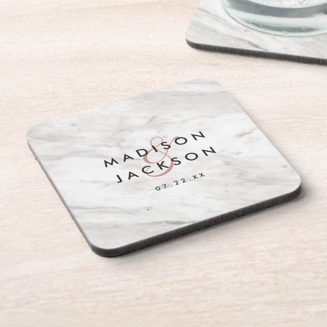 Dessous-de-verre Marbre blanc & Rose Gold Moderne Mariage Monogramm (Côté gauche)