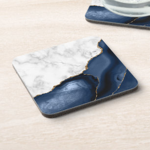 Dessous-de-verre Marbre faux blanc agate bleu marine doré