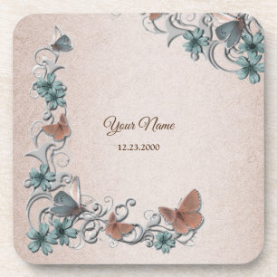 Dessous-de-verre Mariage Argent Floral Cuivre Papillon Marron Clair