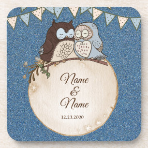 Dessous-de-verre Mariage Bleu Marron Hibou Paillettes Magnifique Bo