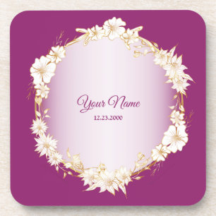 Dessous-de-verre Mariage géométrique rustique floral blanc doré ros