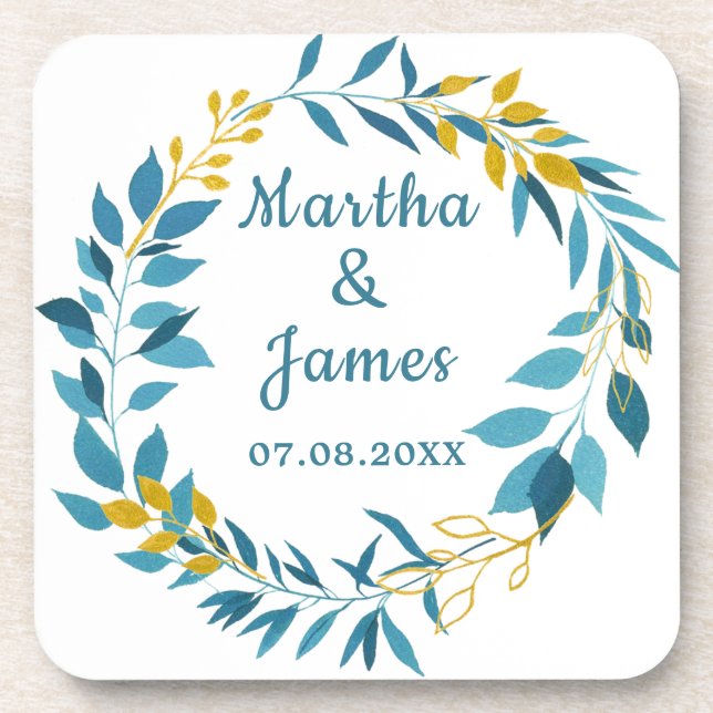 Dessous-de-verre Mariage personnalisé Elegant Blue Gold Leaf (Devant)
