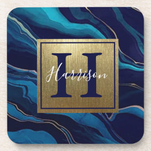 Dessous-de-verre Marine Blue Agate Marbre Gold Nom et Monogramme