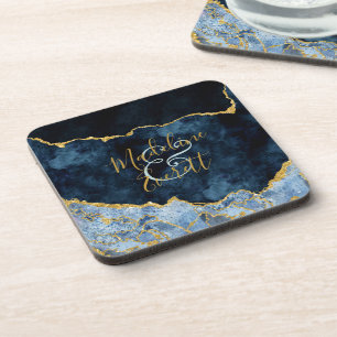 Dessous-de-verre Marine Blue Gold Foil Agate Marbre Mariage Monogra