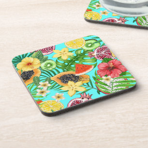 Dessous-de-verre Mélange de fruits tropicaux, fleurs et feuilles su