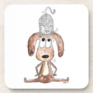 Dessous-de-verre Mignonne chien Whimsical avec chat sur sa tête