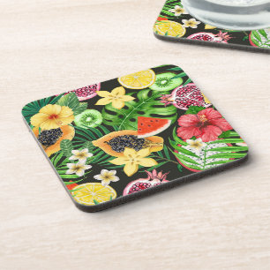 Dessous-de-verre Mix-fruits tropicaux, fleurs et feuilles en noir