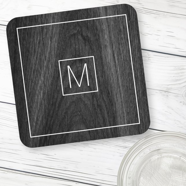 Dessous-de-verre Moderne élégant monogramme initial bois noir (Modern elegant monogram initial black wood grain beverage coaster)