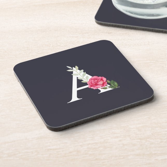 Dessous-de-verre Monogramme A en rose rose blanche et Carré Feuille (Côté gauche)