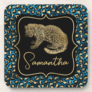 Dessous-de-verre Monogramme Animalier Or Imprimé Léopard Bleu Luxe
