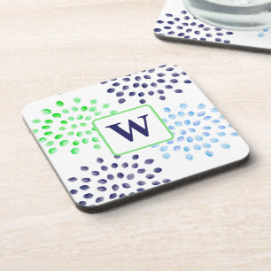Dessous-de-verre Monogramme de fleurs bleu vert marine à l'aquarell