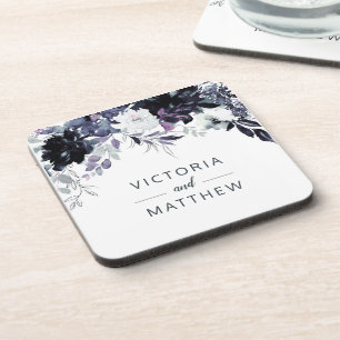 Dessous-de-verre Monogramme de Mariage bleu marine encadré de fleur