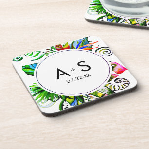 Dessous-de-verre Monogramme de Mariage de feuille de palme tropical