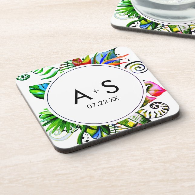 Dessous-de-verre Monogramme de Mariage de feuille de palme tropical (Côté gauche)