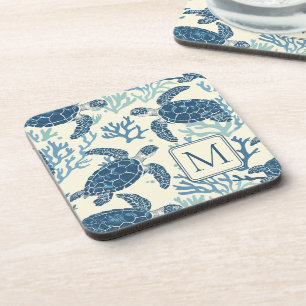 Dessous-de-verre Monogramme de tortues marines bleues et crémeuses