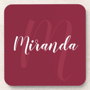 Dessous-de-verre Monogramme et nom personnalisés en rouge bordeaux