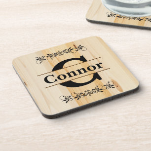 Dessous-de-verre Monogramme Faux Boucher Bloc de bois naturel Look