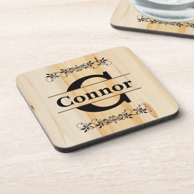 Dessous-de-verre Monogramme Faux Boucher Bloc de bois naturel Look (Côté gauche)