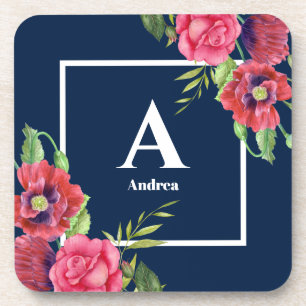 Dessous-de-verre Monogramme Fleurs rouges et roses Bleu foncé Marin