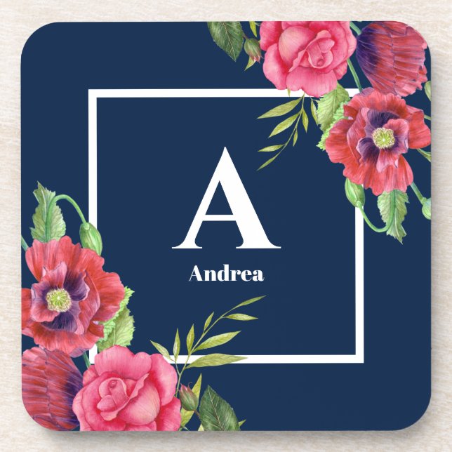 Dessous-de-verre Monogramme Fleurs rouges et roses Bleu foncé Marin (Devant)