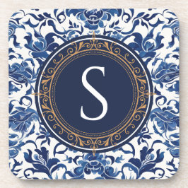Dessous-de-verre Monogramme floral bleu et blanc