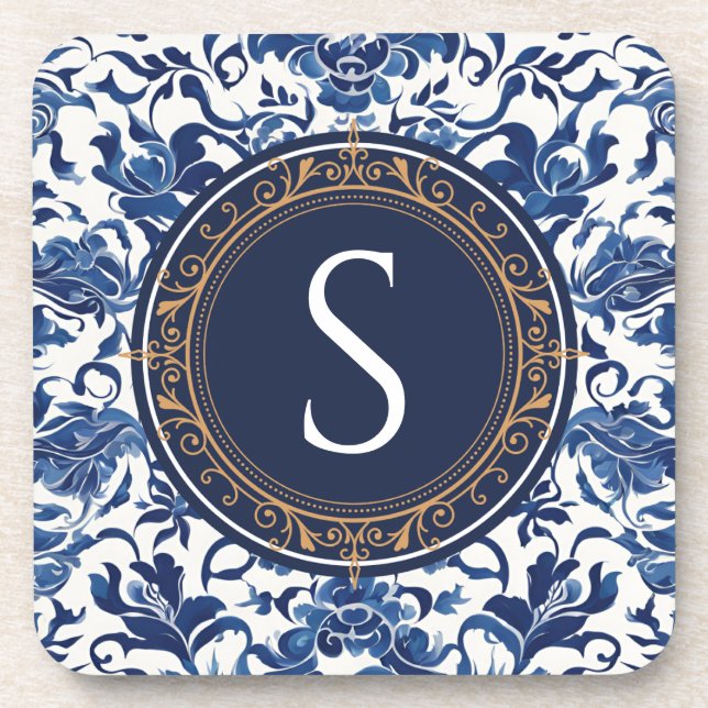 Dessous-de-verre Monogramme floral bleu et blanc (Devant)