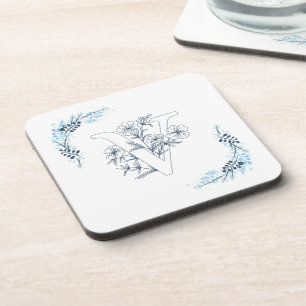 Dessous-de-verre Monogramme floral bleu "V" initial calmé