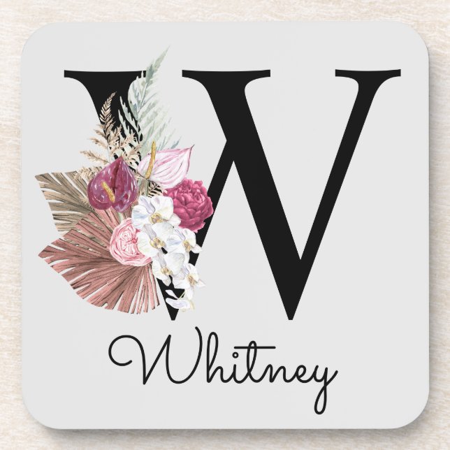 Dessous-de-verre Monogramme initial W rose Boho Floral (Devant)