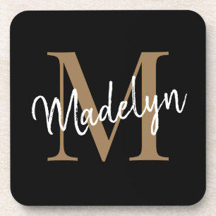 Dessous-de-verre Monogramme moderne Black Gold Feminine Nom du scri