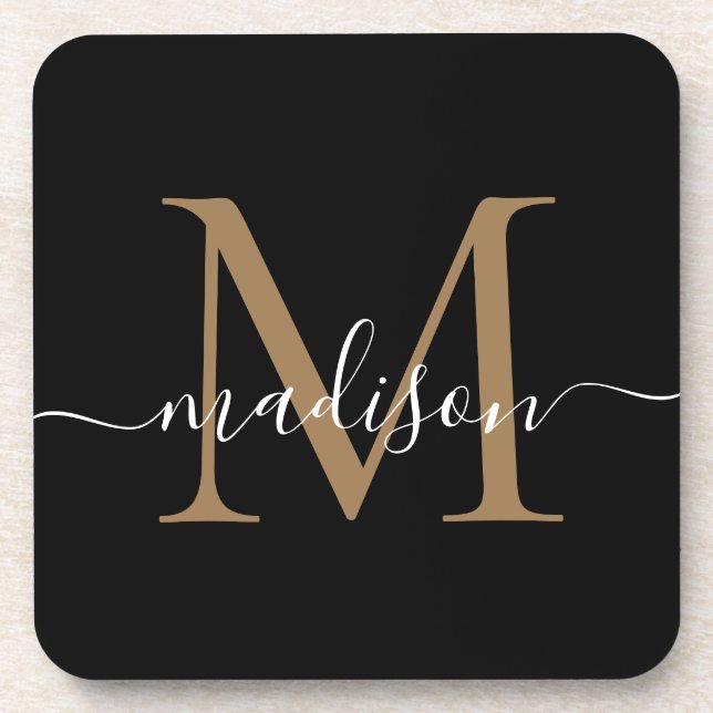 Dessous-de-verre Monogramme moderne Black Gold Feminine Nom du scri (Devant)