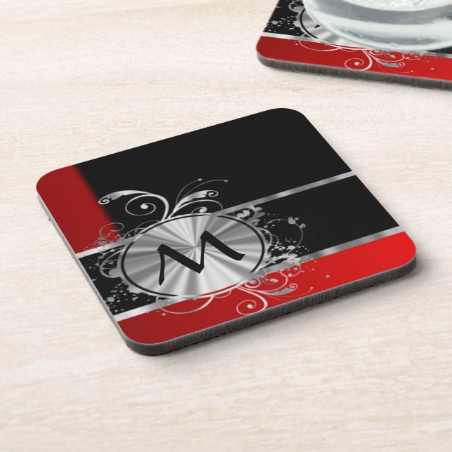 Dessous-de-verre Monogramme noir et argenté rouge (Côté gauche)