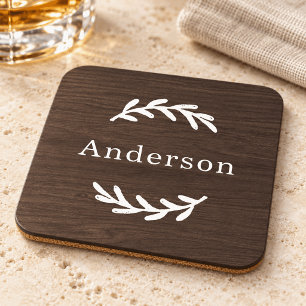 Dessous-de-verre Monogramme Nom Laurier Bois Sombre Rustique