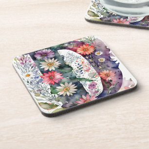 Dessous-de-verre Monogramme personnalisé de jolies fleurs d'aquarel