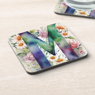 Dessous-de-verre Monogramme personnalisé Fleurs d'aquarelle colorée