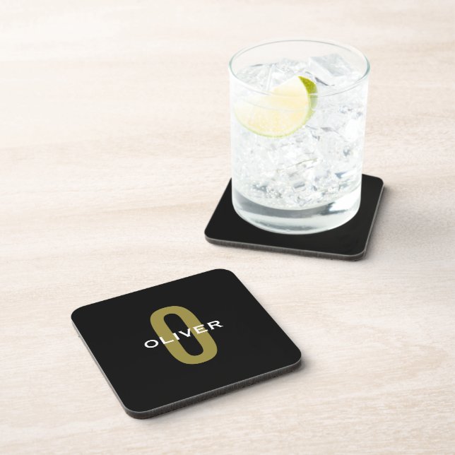 Dessous-de-verre Monogramme personnalisé Noir Or Blanc Nom (Côté Droit)