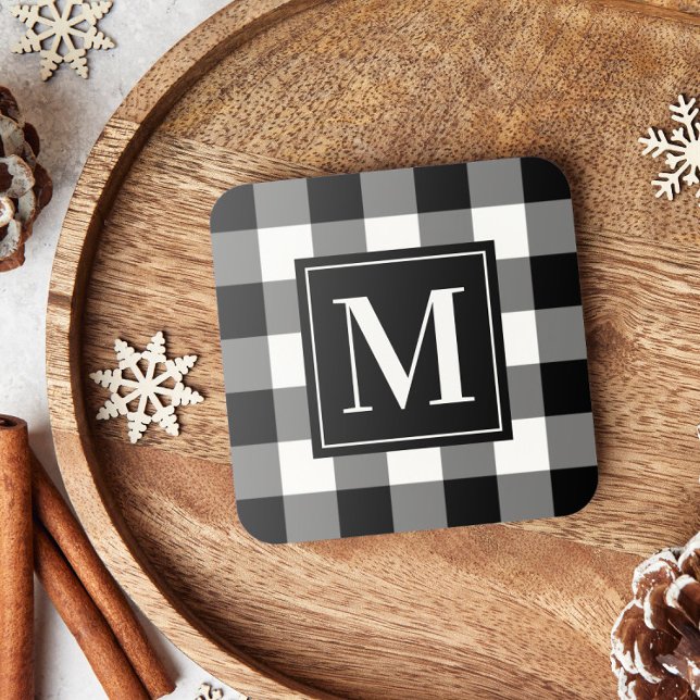 Dessous-de-verre Monogramme plat de buffle noir et blanc personnali (Créateur téléchargé)